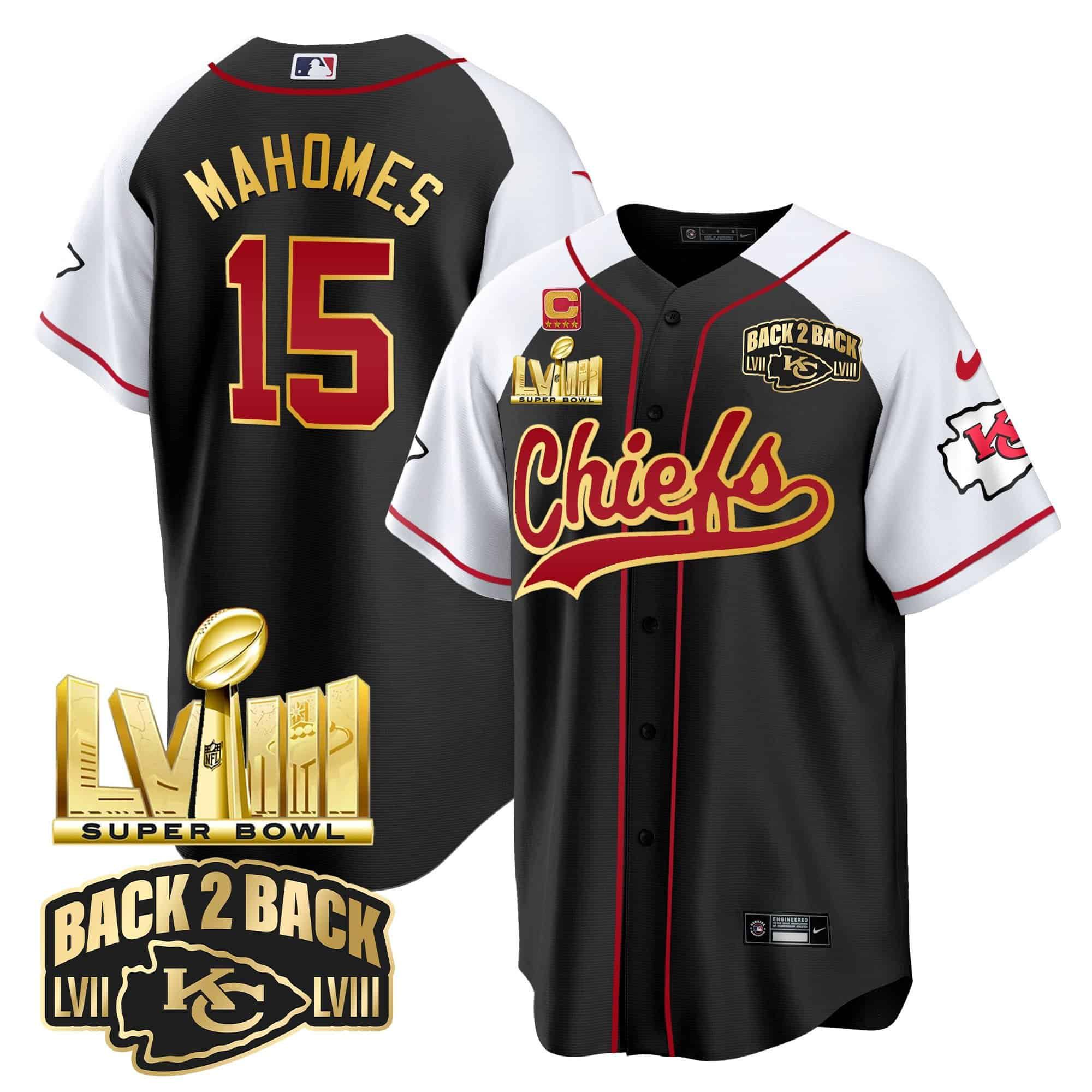 Men Kansas City Chiefs #15 Mahomes Black 2024 Nike Super Bowl LVIII Back-2-Back Gold Patch Baseball NFL Jersey style 1